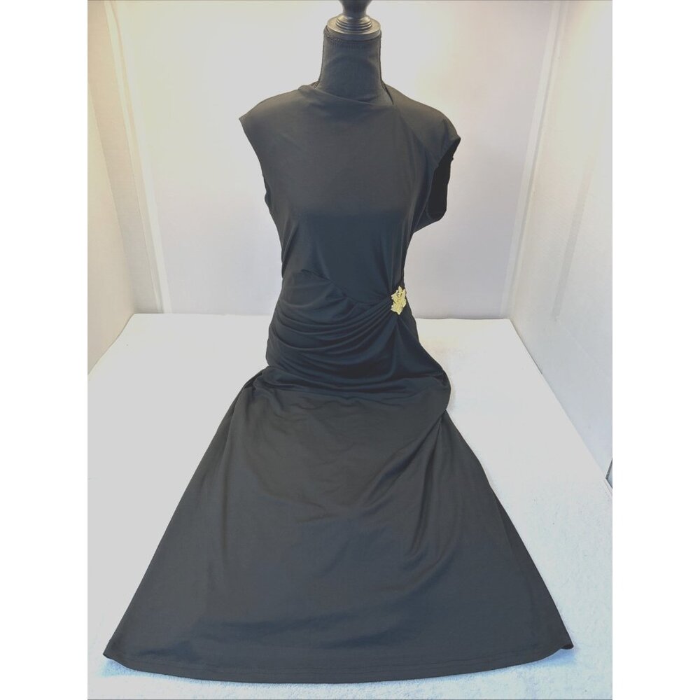 Ball Gown Long Black Rushed Gold Tone Decoration At Waist Cut Out Back SZ L New